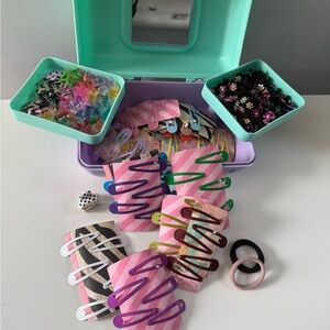 Retro Caboodle Filled with Hair Accessories Clips Butterfly Barrette Women Girls